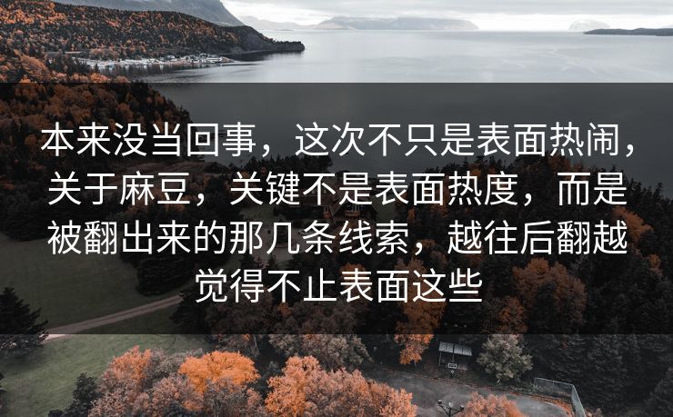 本来没当回事，这次不只是表面热闹，关于麻豆，关键不是表面热度，而是被翻出来的那几条线索，越往后翻越觉得不止表面这些